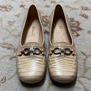 Salvatore Ferragamo Women's Beige Croc-Embossed Loafers